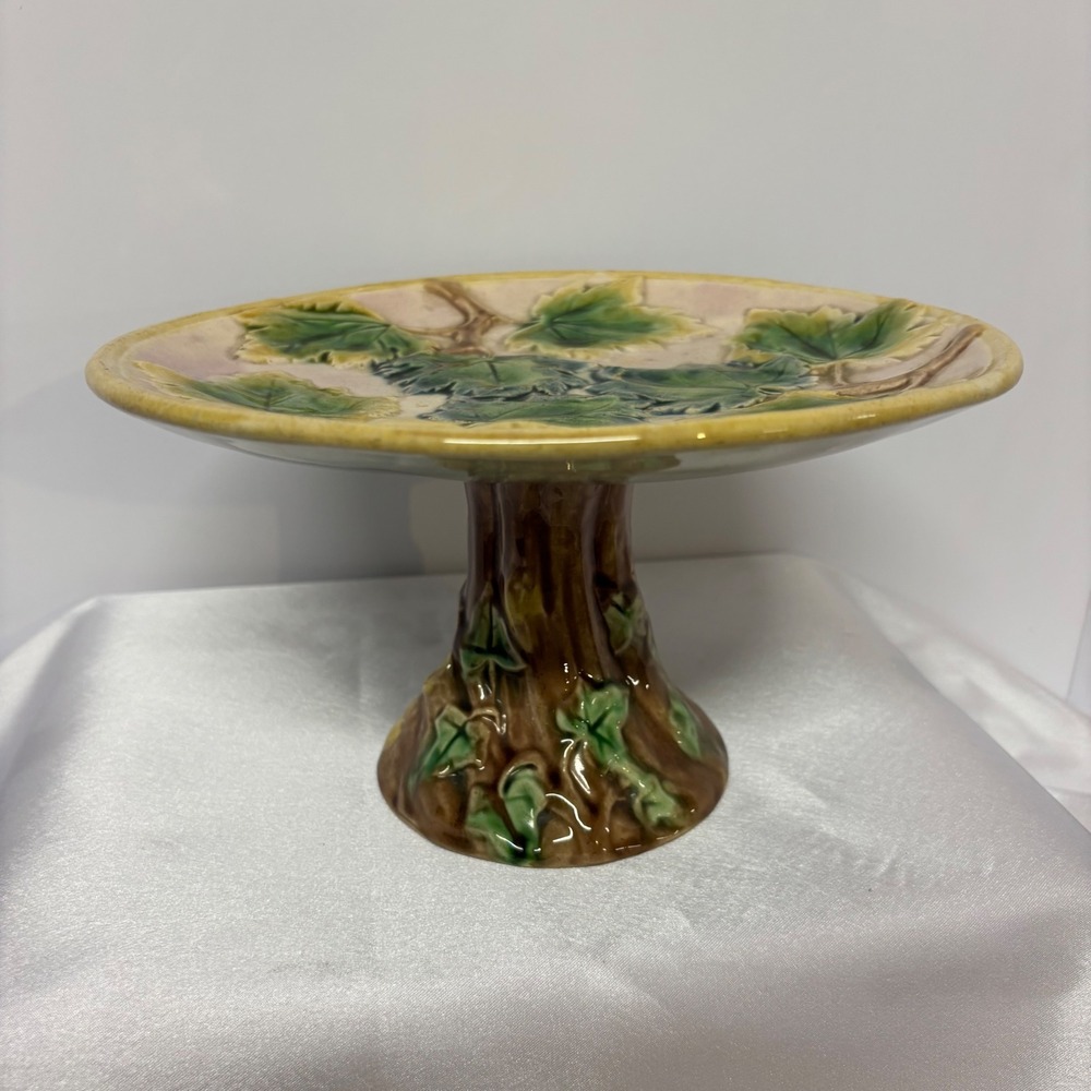 19th Century‎ Etruscan Majolica Maple Pedestal Compote Cake Platter